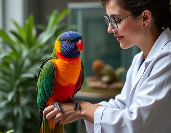 Veterinario specializzato in animali esotici che si prende cura di un pappagallo e un geco.